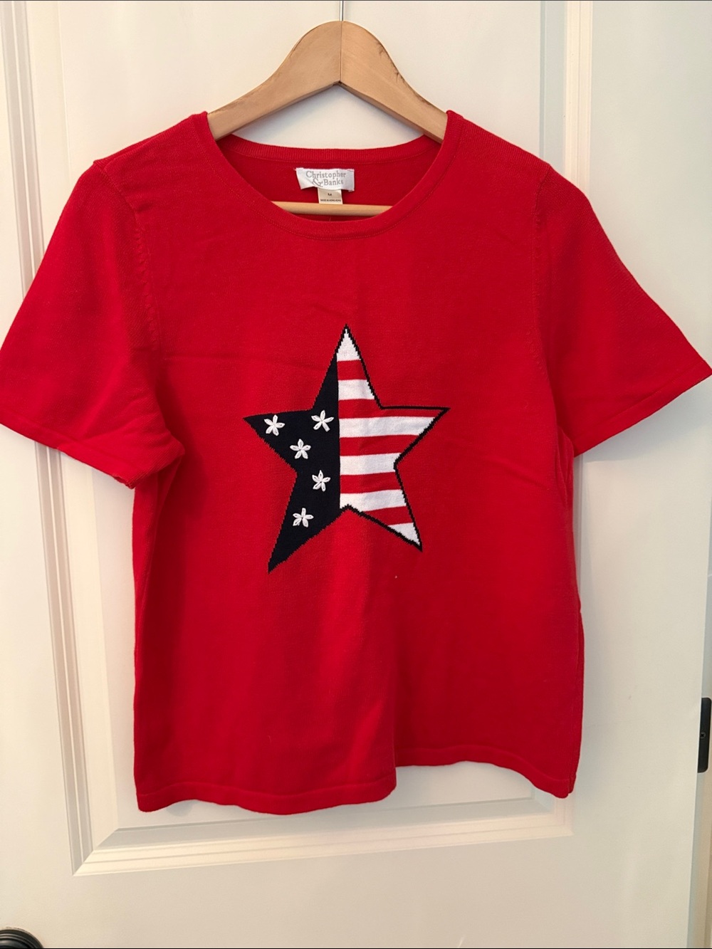 Christopher & Banks Patriotic Star Flag Red 100% Cotton Short Sleeve Knit Top M